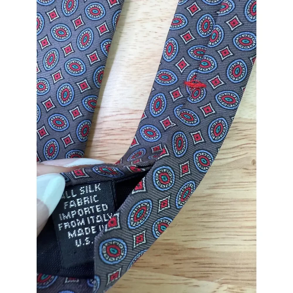 Claybrooke Men's 100% Silk Neck Tie Steel Blue Red Geometric